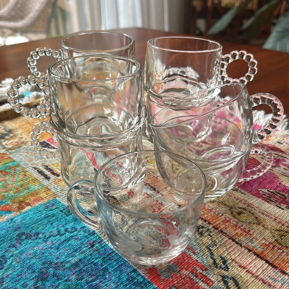 Hazel Atlas Elegant Clear Glass Teacup Set of 9 with bubble handles.